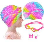 AuSletie Kids Swim Caps for Girls, Silicone Waterproof Swimming Cap for Kids, Durable Comfortable Swimming Caps for Girls, Fit for Long and Short Hair (Age 2-6, Rainbow Unicorn)