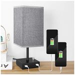 USB Bedside Table Lamp, PENDEI Table Lamp with 2 Fast USB Charging Port, Metal Base with Grey Linen Fabric Shade, Ambient Nightstand Lamps for Bedroom Living Room Office (LED Bulb Included)