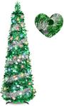 5FT Pop Up Christmas Tree Tinsel Christmas Tree with 8 Modes 90 Colorful Christmas Decorations Collapsible Christmas Tree for Indoor Home Holiday Christmas Party Decorations(Sliver/Green)