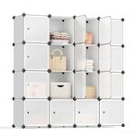 SONGMICS 16-Cube Storage Unit, Shoe Rack, Stackable Cubes, Plastic Closet Cabinet, Wardrobe, with Doors, for Bedroom, Office, Easy to Assemble, White LPC44BS