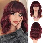 Greenmirr Short BOB Wine Red Wavy Wigs with Bangs Heat Resistant Synthetic Hair 14in for Cosplay Party Costume Halloween (Red)