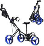 Costway 3-Wheel Folding Golf Push Cart, Multifunctional Push Pull Golf Trolley with Adjustable Handle, Padded Seat, Scoreboard, Cup Holder & Umbrella Holder（Blue）