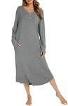 Vlazom Women's Nightgowns Long Sleeves V Neck Button Down Sleep Shirt Soft Nightdress Sleepwear Loungewear, A-Grey,XXL