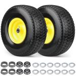 2 Pcs 15x6.00-6 Flat Free Lawn Mower Tire and Wheel, 15x6-6 Front Tire Assembly Compatible with John Deere Husqvarna Riding Mowers Lawn Tractors,with 3/4 & 5/8" Bearing-1" Bushings,3" Centered Hub.
