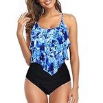 FLYILY Women Two Piece High Waisted Swimwear Tankin Sets Ruffle Ruched Bathing Suit Swimming Costume(2-Blueprint,M)