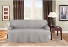 SureFit Cotton Duck Sofa T-Cushion One Piece Slipcover, Couch Cover, Relaxed Woven Fit, 100% Cotton, Machine Washable,Grey