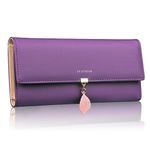 FT FUNTOR PU Leather Wallet for Women RFID Blocking Ladies Leaf Pendant Coin Zipper Long Purse with Multiple Card Slots and Card Holders Phone Pocket (L-Deep Purple)