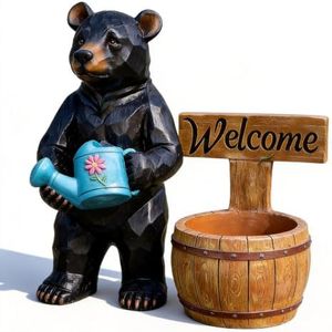 Sornyix Bear Statue Garden Decor with Welcome Sign and Planter Pot, Rustic Polyresin Figurine for Outdoor Cabin Entryway, Lifeli