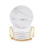 White Coasters,Geichan Coasters Set of 6, Ceramic Marble Coaster with Holder and Cork Base for Cups, Tables and Home Decor,4"