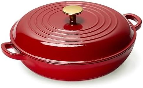 CAROTE 3.4QT Enameled Cast Iron Braiser Pan, Shallow Dutch Oven Casserole Skillets, Non-Toxic Cast Iron Pot with Lid for Grilling, Searing, Baking, Dual Handles, All Stovetop Compatible, Red