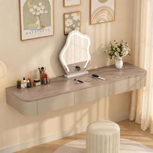Quvex 63" Extra Wide Fully Assembled Floating Vanity Desk with 3 Drawers, Wall Mounted Makeup Table, Sleek Dressing Table for Bedroom & Dressing Room, Rounded Corners, Oak/Khaki, Table Only