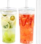 22oz Glass Cups with Straws and Lids, Glass Cups Drinking Jar, Iced Coffee Cups, High Borosilicate Glass Tumblers Ribbed Glassware for Water Smoothies Juice Iced Tea Drinks (2 Pack Clear)