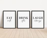 Eat, Drink Laugh Set Of 3 Prints - Kitchen, Dining Room Wall Art - A5 A4 A3 Unframed Black And White Typography Print Picture Poster Home Décor