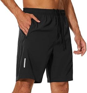 YUTYTH Mens Gym Running Shorts Breathable Quick Dry 7" Gym Athletic Shorts with Zipper Pockets and Reflective Strip Black