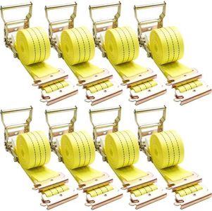 E Track Ratchet Straps Tie Down Strap (8-Pack), 2in×15ft Heavy Duty Tie Down Cargo Straps，4400 LBS Breaking Strength E Track Trailer Tire Straps for Tires Motorcycles Tailers Loads, Yellow.