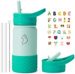 BUZIO Kids Water Bottle for School Straw Cups for Toddlers with Silicone Boot, 14oz Insulated Stainless Steel Leak Proof Water Bottles, Cute Metal Water mug with Stickers for Boys Girls DIY- Green