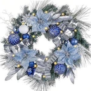 Valery Madelyn 24'' Pre-Lit Christmas Wreath for Front Door with Lights, Large Lighted Outdoor Christmas Wreath with Silvery Blue Xmas Balls & Ribbons for Home Porch Fireplace Window Holiday Decor
