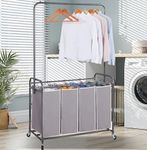 Laundry Sorter 4 Section with hanging bar, 4-Bag Heavy Duty Rolling Laundry Hamper Cart, Laundry Basket Organizer With Wheels and Removable Bags, Laundry Room Organization For Dirty Clothes Storage