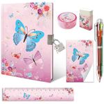 Girls Diary with Lock, Kids Notebook Stationary Set Incl. Butterfly Girls Journal with Lock Memo pad 6 Colored Pen Ruler Sharpener Eraser for Learning Writing Drawing Gifts for Girls 6 7 8 9 10 Years