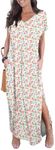 GRECERELLE Women Casual Sundress Short Sleeve Long Tshirt Dress Split Maxi Beach Dresses Travel Vacation Outfits 2XL, White Pink Rose
