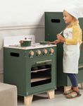 ROBUD Retro Wooden Toy Kitchen Oven for Kids, Pretend Play Oven with Realistic Sound Effects, Removable Parts, and Storage Box