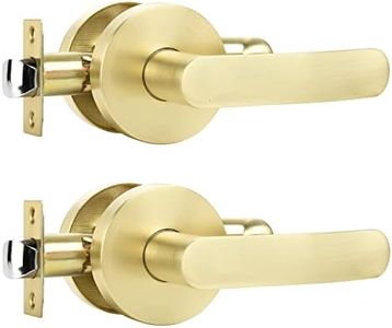 Leydebong 2 Pack Passage Door Levers Interior Door Handles for Hallway and Closet Door Lock Keyless Round Lever Door Handles Finish in Light Satin Brass Reversible for Left/Right Handles