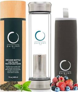 Pure Zen Tea Tumbler with Infuser - BPA Free Double Wall Glass Travel Tea Mug with Stainless Steel Filter - Leakproof Tea Bottle with Strainer for Loose Leaf Tea and Fruit Water 13 Ounce