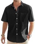 Alimens & Gentle Men's Short Sleeve Linen Button Down Shirts Casual Beach Wedding Shirt with Pocket Black