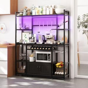 GarveeHome 55" Bakers Rack with Power Outlet and LED Light, 5-Tier Kitchen Microwave Stand Coffee Bar with Storage, 10 Hooks, Wire Basket, Metal Grid, Wine Rack, Goblet Holder, Black