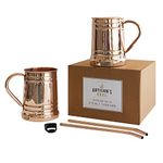 Artisan's Anvil Moscow Mule Mugs Beer Stein Set of 2 + Copper Straws + Bottle Opener Two Solid 18 oz Copper Mugs Gift Set – 100% Pure Copper Unique Tankard Look – Handmade Unlined Copper Cups