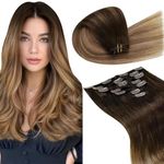 LaaVoo Clip in Hair Extensions Real Human Hair 14 Inch 7pcs 120g Balayage Darkest Brown to Medium Brwon and Dark Blonde Hair Extensions Clip in Seamless Remy Real Hair Extensions Clip in #2/6/18