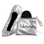 Untssiw Women's Foldable Portable Ballet Flat Roll Up Slipper Shoes with Travel Pouch - Fold Up Ballet Flats for Women - Black,Silver,Gold,Pink, Silver, Medium