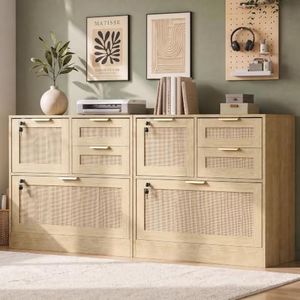 HOPUBUY Lockable 4 Drawers File Cabinet Set of 2, Lateral Filing Cabinet with Printer Stand for Home Office and School, Rattan File Cabinet for Hanging Files/Letter/Legal/A4/F4 Size, Natural Wood