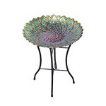 Teamson Home 21 inch Height Handpainted Mosaic Flower Fusion Glass Pedestal Bird Bath for Outdoor Patio Garden Backyard Decking Décor, Blue and Purple