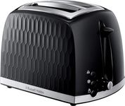 Russell Hobbs Honeycomb 2 Slice Toaster (Extra wide slots, High lift feature, 6 Browning levels, Frozen/Cancel/Reheat function, Removable crumb tray, 850W, Black, Textured high gloss) 26061