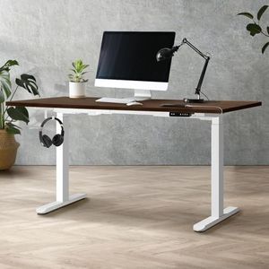 Oikiture Electric Motorised Standing Desk Dual Motors Sit Stand Desk with Height Adjustable Frame for Home Office Workstation 140cm Walnut
