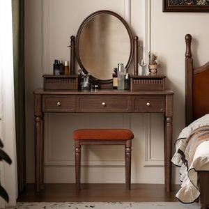 YESWOOD Vintage Vanity Desk with Rotating Mirror, Solid Walnut Wood Dressing Table, Dark American Style Vanity Desk for Bedroom, 18" D x 37" W x 56" H