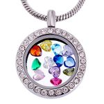 RUBYCA Living Memory Round Locket Necklace 12 Heart Crystal Birthstones Floating Charms Silver Tone