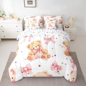 Feelyou Pink Bowknot Bedding Set All Season King Size Cute Bear Comforter Set 7 Pieces Dreamy Princess Style Toy Bear Cute Bow Girly Bed in a Bag Flower Bed Set with Comforter, Sheet Set, Pillowcases