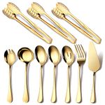 Gold Serving Utensils, OGORI 10-Piece Polished Stainless Steel Gold Serving Utensils Set Include Serving Spoons, Slotted Serving Spoon, Serving Tongs, Serving Fork, Salad Fork, Soup Ladle, Pie Server