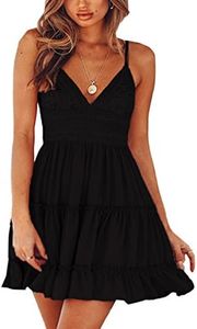 ECOWISH Summer Dresses for Women 2025 V-Neck Spaghetti Strap Bowknot Backless Sleeveless Lace Mini Swing Skater Dress Black Extra Small