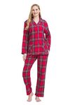 GLOBAL Women's Pyjama Sets 100% Cotton Flannel Ladies PJs Button Front Top Drawstring Bottoms Red/Blue/Black, Plaid 2,L