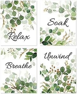 HLNIUC Relax Soak Unwind Breathe with Green Leaf Art Print,Botanical Bathroom Quotes Wall Art,Set Of 4(8X10inch,Unframed) Watercolor Minimalist Words Canvas Poster For Washroom Toilet Decor