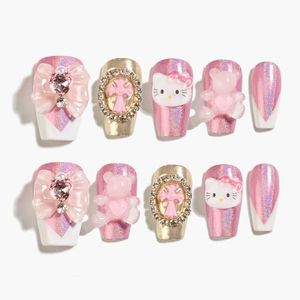 Sun&Beam Nails Handmade Press-on Nails Short Coffin Ballerina Pink White Design False Tips 10Pcs (#112 XS)