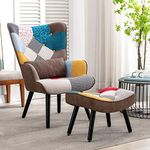 HomeMiYN Patchwork Chair,Accent Armchair with Ottoman Single Sofa Chair with Footstool and Pillow,Fabric Upholstered High Back Armchairs Lounge Chair for Living Room Reading Bedroom