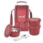 FOOD 8 Licious Lunch Box with Steel Spoon and Fork, Microwave Safe & Leak Proof, 3 Inner Steel Containers with Bpa Free Airtight Lids (400 ML,400ML,600ML), Fabric Bag (Maroon)