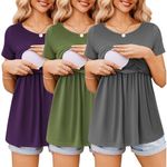 Ekouaer Womens Nursing Tops 3 Packs Nursing Shirts Short Sleeve Maternity Breastfeeding Tee Shirts Nursing Shirts(Purple&Dark Gray&Deep Green-gp2)