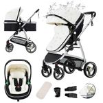 Gcarebb PU Leather 3 in 1 Pushchair, City Strollers with Car Seat, Portable One-Click Folding Walking Stick Stroller, Landscape Combined Strollers High Aluminium Frame