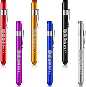 6 Minilinternas Linterna de Bolígrafo LED Reutilizable Baterias Incluidas Luces de Pluma Cálida con Calibre de Pupila Linterna de Bolsillo (Negro, Rojo, Azul, Morado, Oro y Plata)