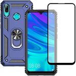Yiakeng Huawei P Smart 2019 Case with Screen Protector, Silicone Shockproof Military Grade Protective Phone Cover with Ring Kickstand for Huawei P Smart 2019 (Blue)